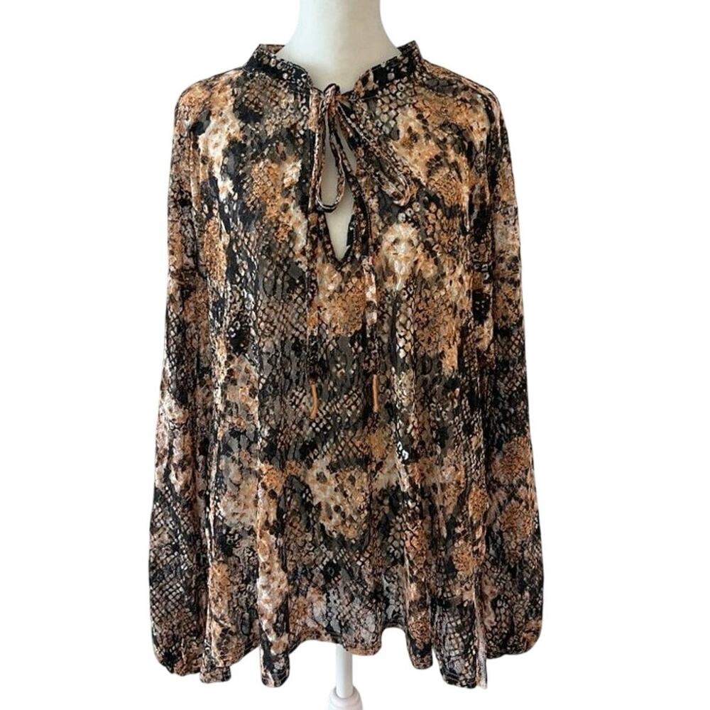 Free People Snake Print Sheer Boho Peasant Blouse Brown Black Flow Top M - Picture 2 of 7